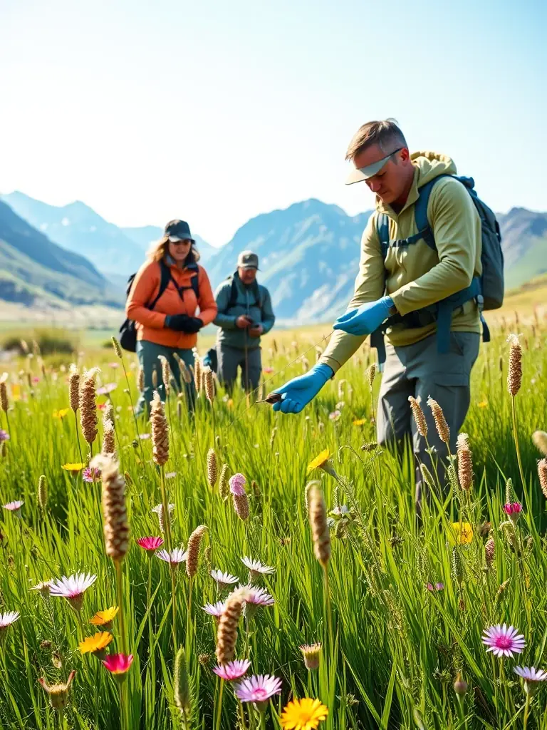 A group of GOPA researchers banding birds in a lush Pyrenean meadow, showcasing their commitment to scientific data collection.