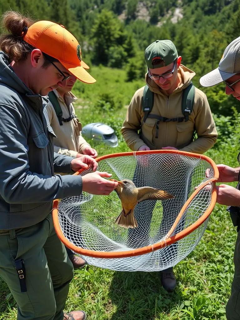 A photograph of volunteers participating in a bird banding session in the Pyrenees mountains, focusing on the careful handling and data collection process.