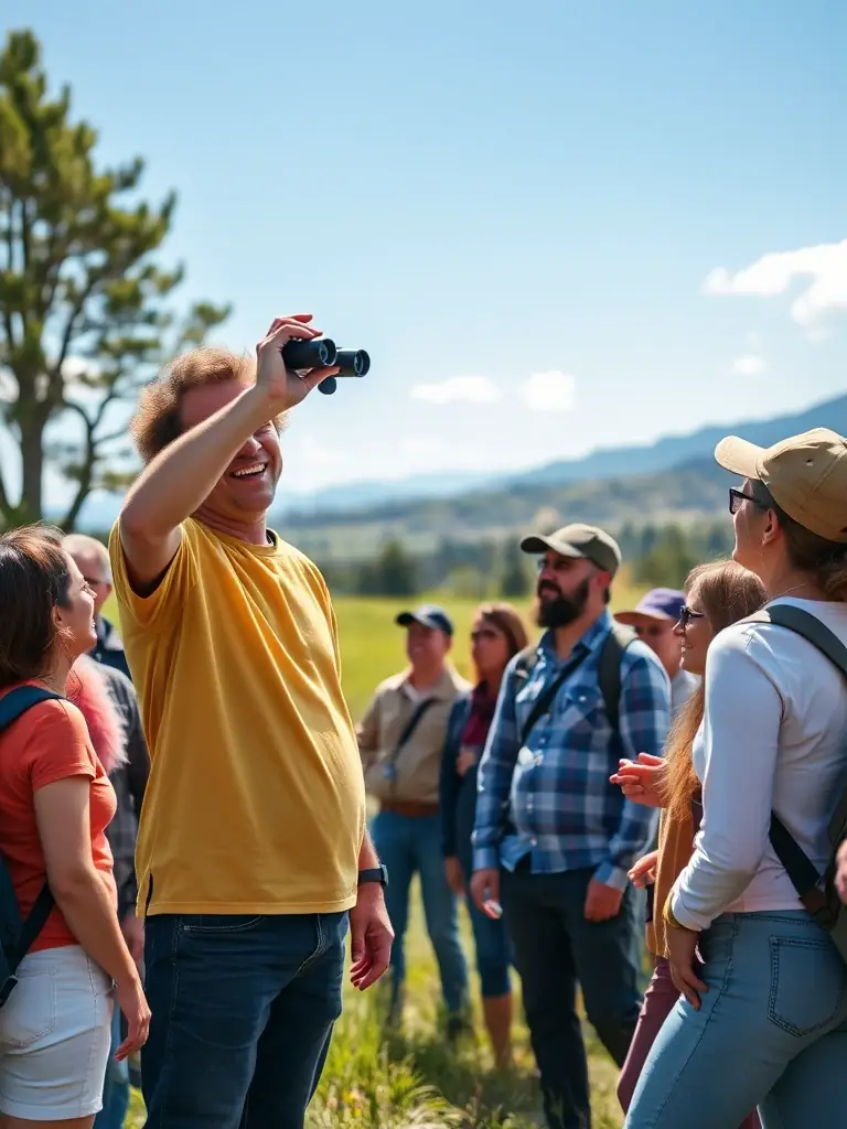 A GOPA volunteer leading a birdwatching tour for local community members, promoting environmental awareness and appreciation.