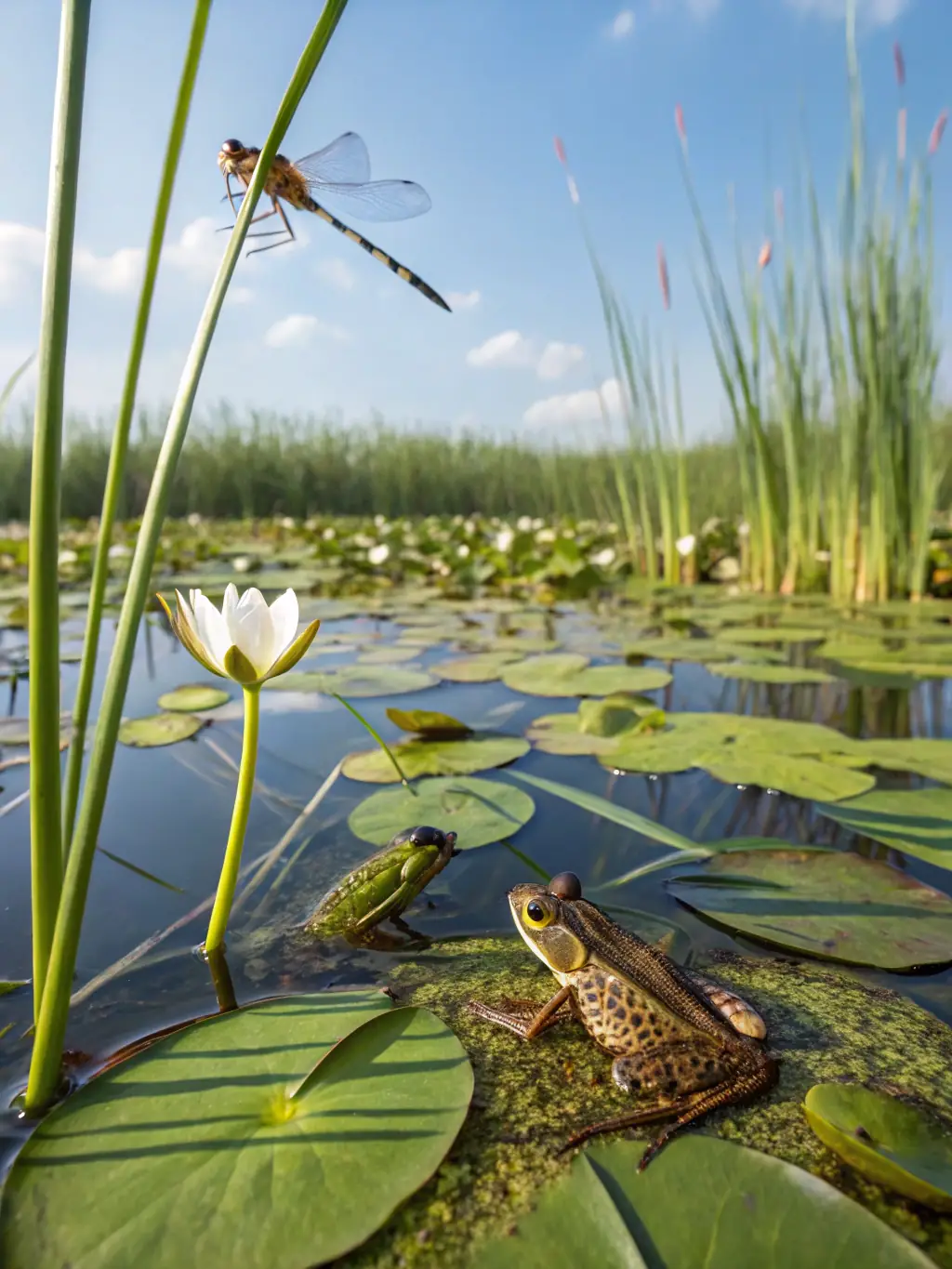 A scenic view of a restored wetland habitat in the Adour Basin, showcasing diverse bird species thriving in the area.