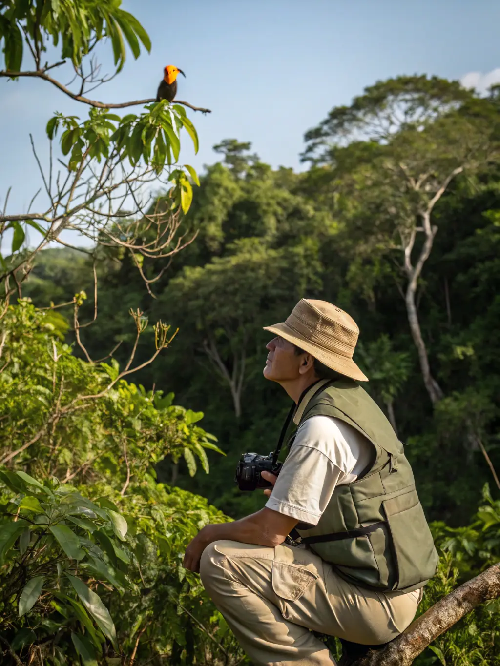 A researcher using specialized equipment to monitor bird sounds in a forest, capturing data for acoustic analysis and species identification.