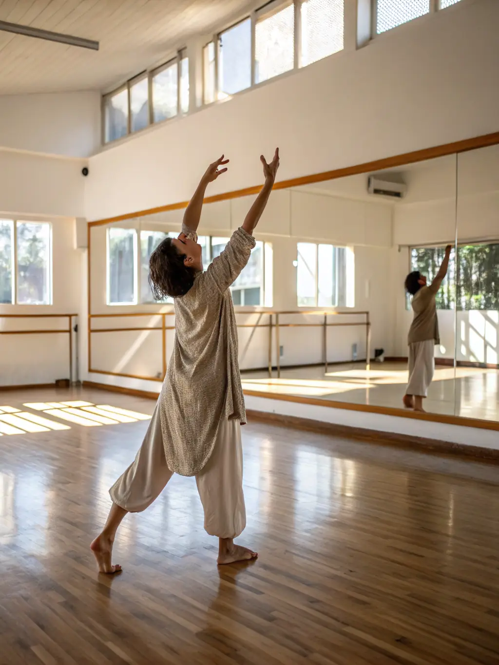 A lively image of a dance and body movement workshop, showing participants engaged in expressive movement and creative choreography.