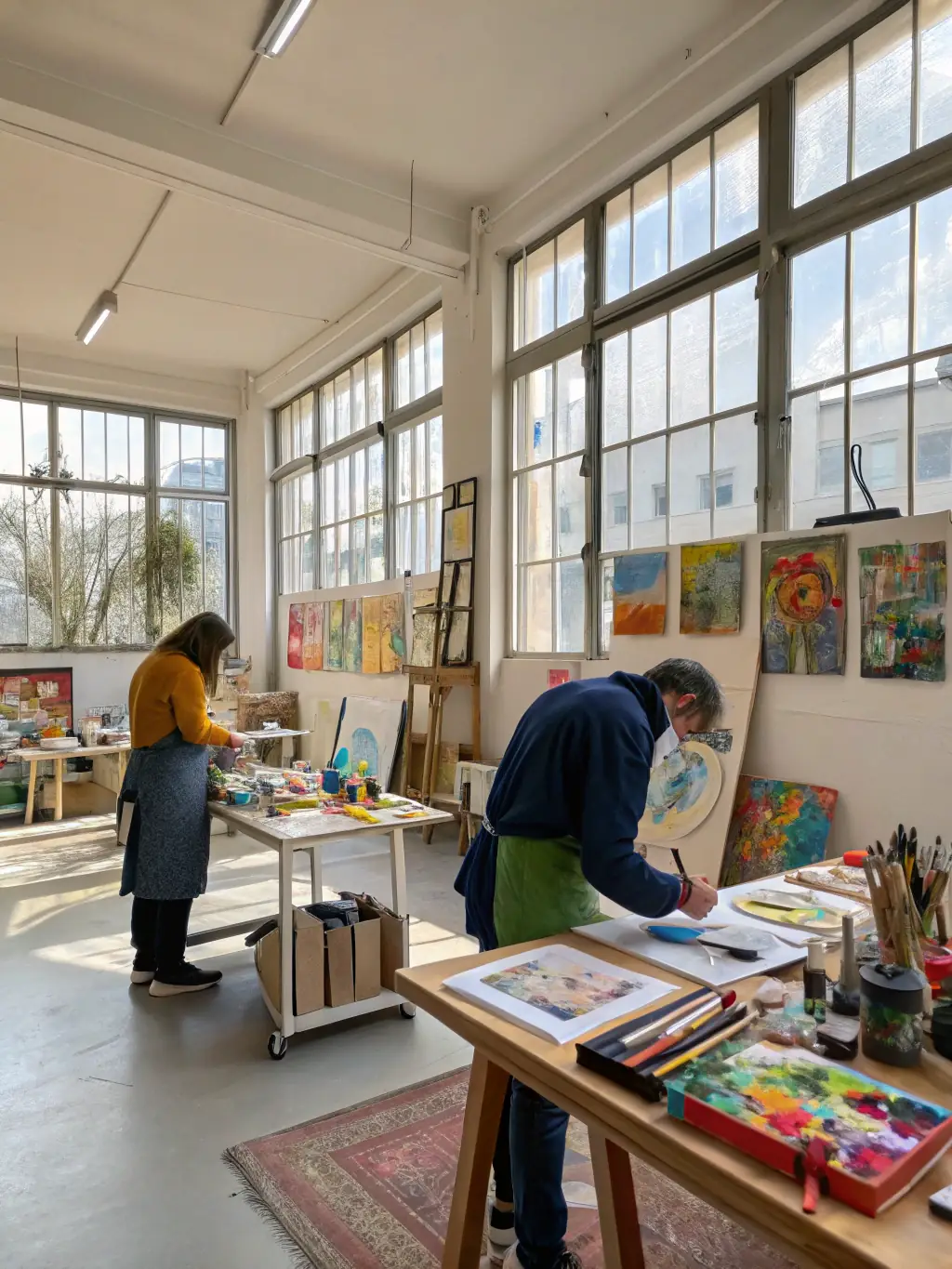 An image of diverse participants engaging in a vibrant art workshop, showcasing painting, sculpture, and movement activities, representing SIENNETI's Visual Arts and Body Expression Programs.
