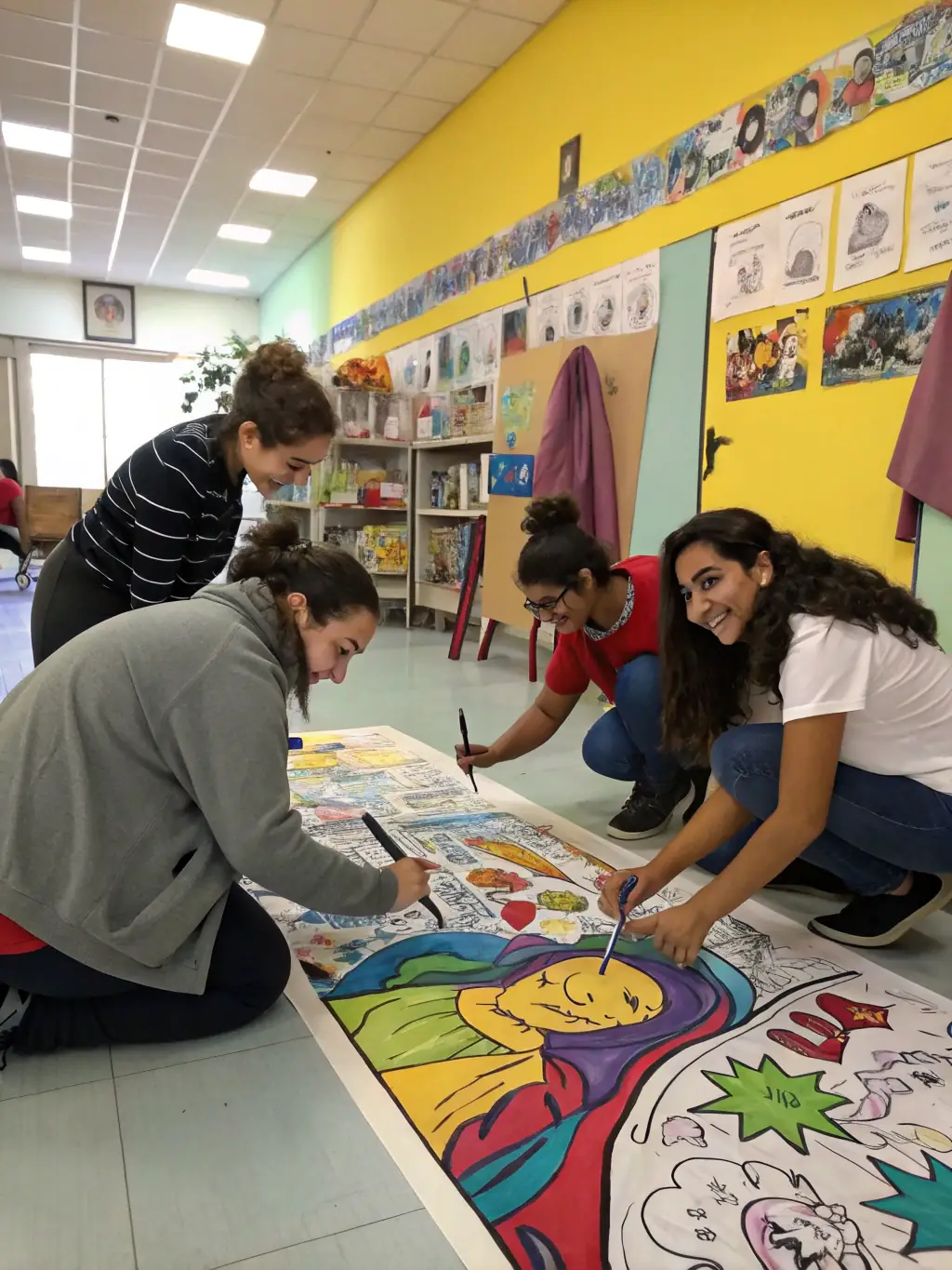 A collaborative art project in a workshop setting, with diverse participants working together on a large canvas, symbolizing community and creativity.