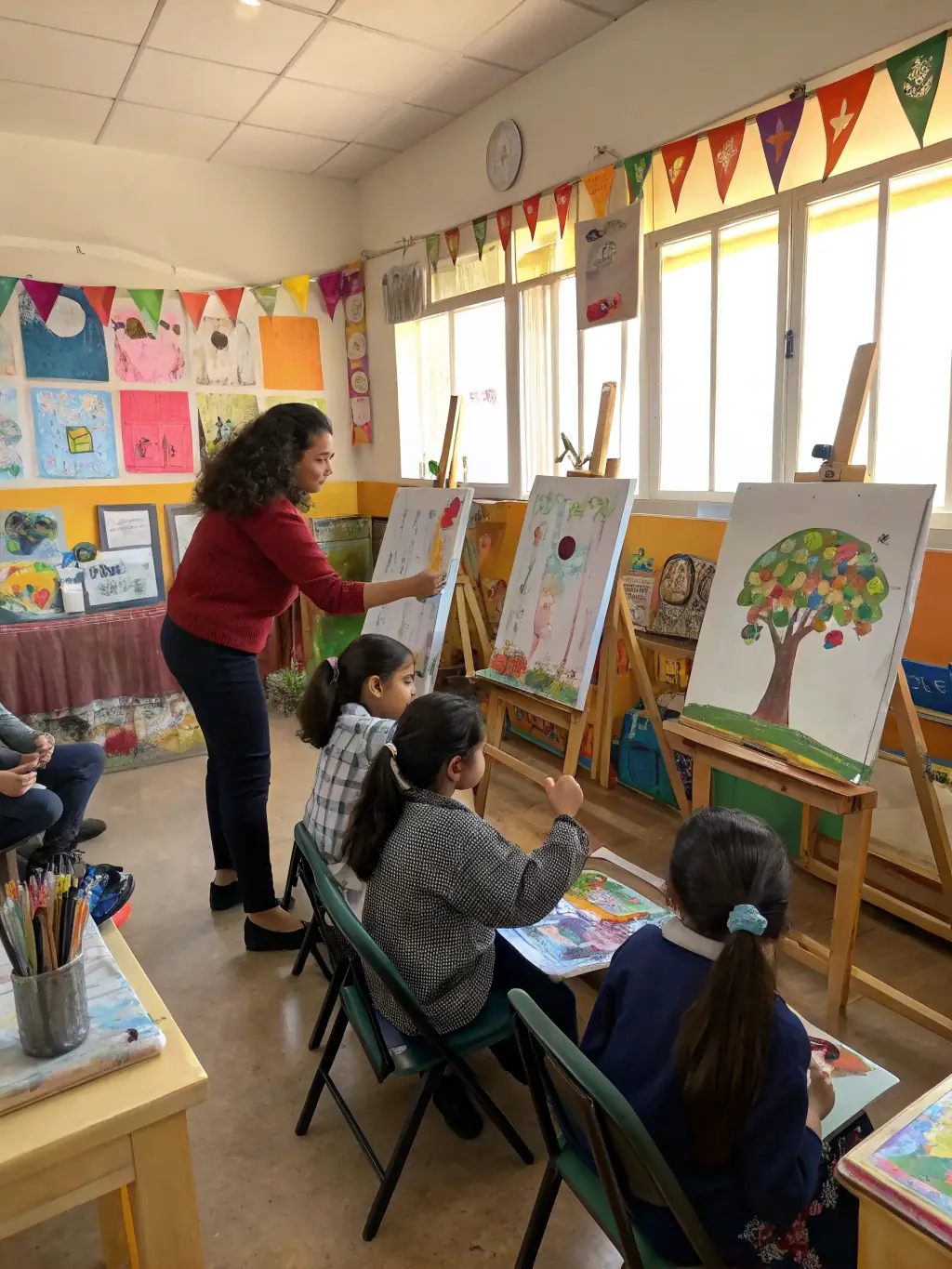 An image of a classroom setting with children and adults engaged in creative activities with educators, representing SIENNETI's Educational Practices.