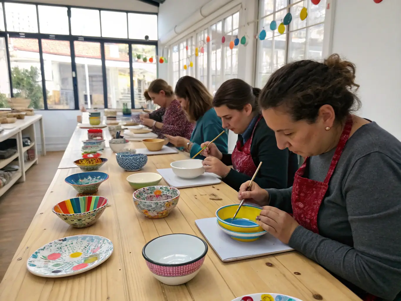 A vibrant image depicting participants of all ages engaged in a painting workshop at SIENNETI, showcasing the collaborative and creative atmosphere.