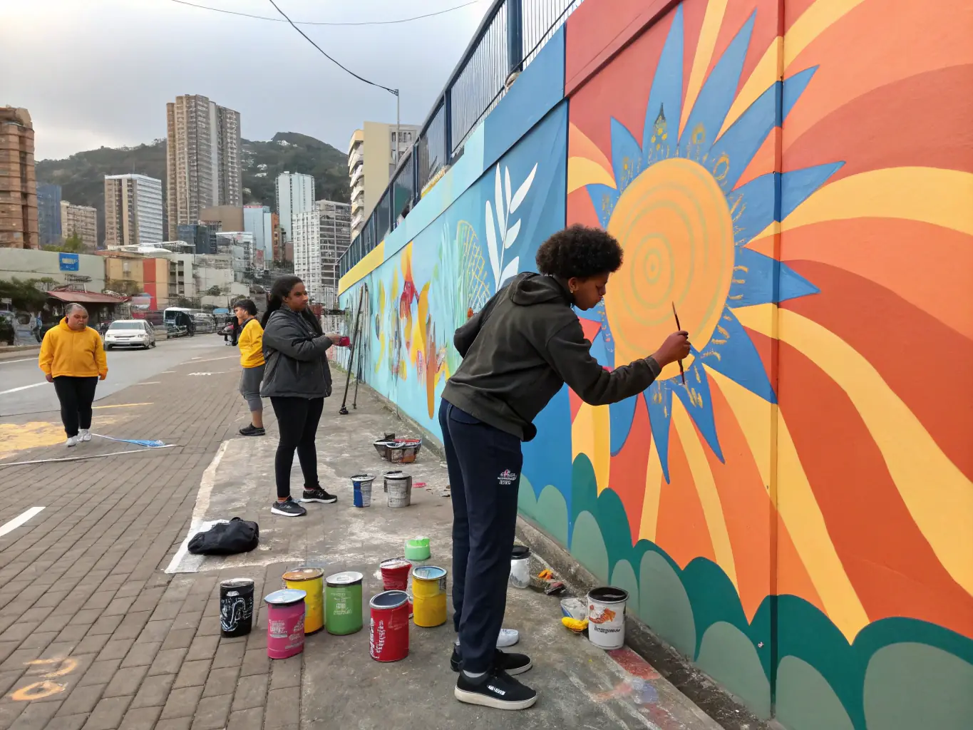 A heartwarming image showing children and adults working together on a community mural project, illustrating SIENNETI's commitment to community engagement.