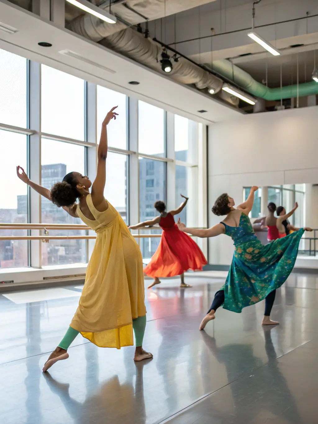 A vibrant image of a dance workshop in progress, with participants of diverse ages and backgrounds moving freely and expressing themselves through body movement.