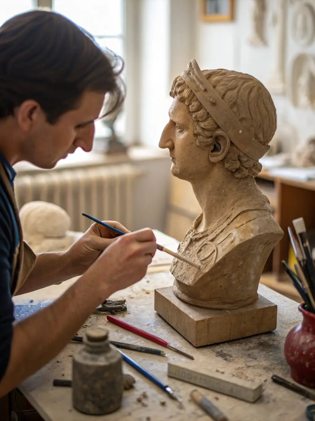 A dynamic photo of a sculpture workshop, highlighting the use of clay and tools to create three-dimensional art pieces.