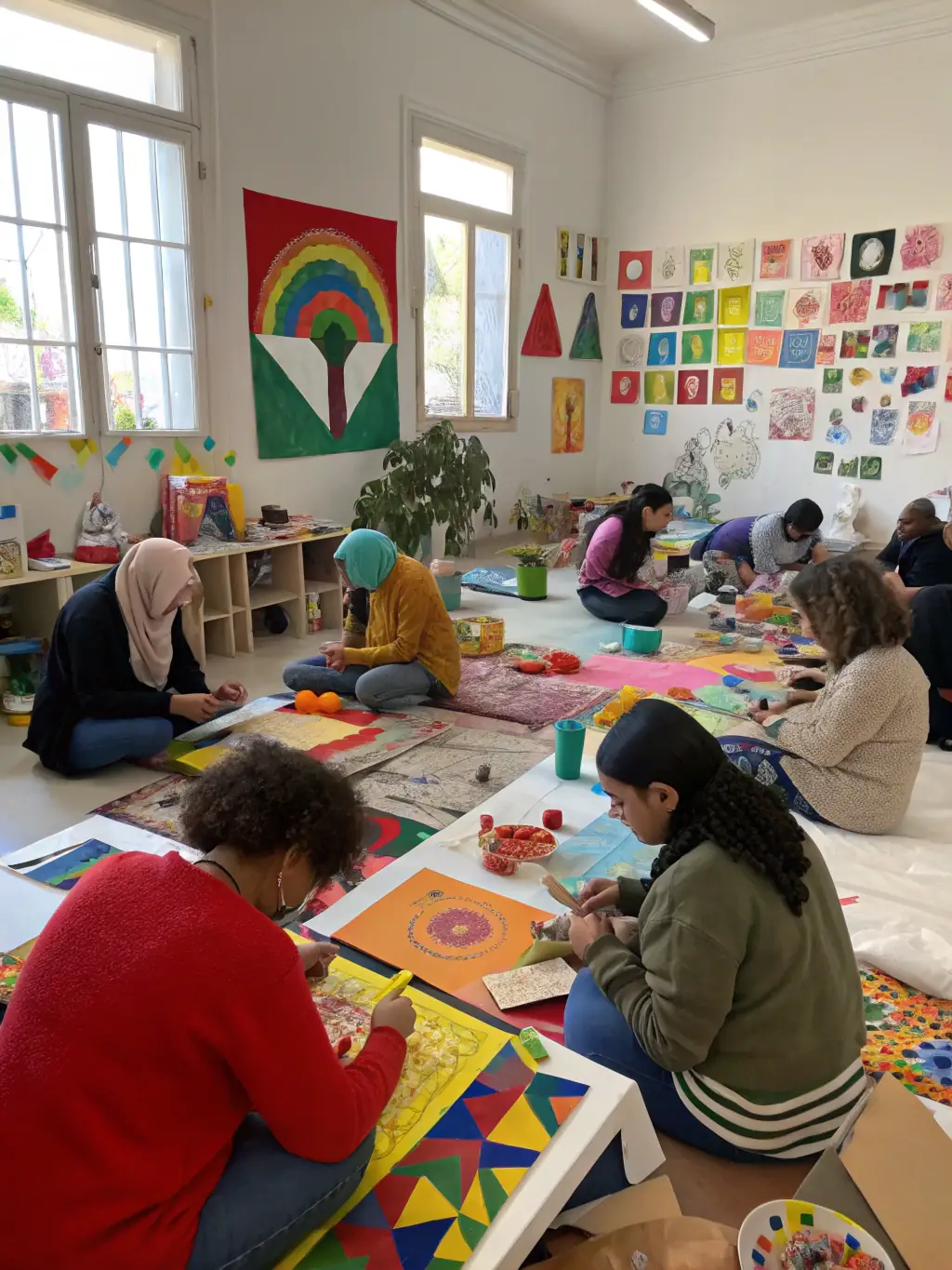 A photo of workshop participants actively creating art under the guidance of an instructor in a bright studio, illustrating SIENNETI's Artistic Workshops.